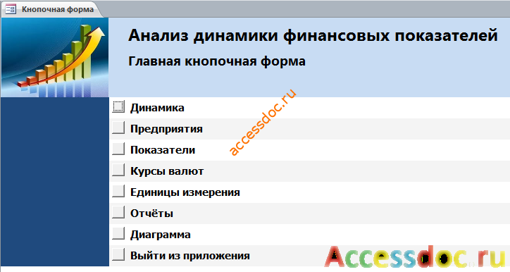 Главная кнопочная форма готовой базы данных access «Анализ динамики показателей финансовой отчетности различных предприятий».