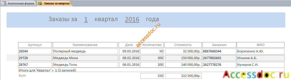 Скачать готовую базу данных «Фабрика игрушек». Отчёт "Заказы за квартал".