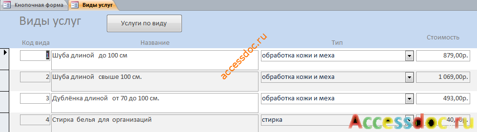 Форма «Виды услуг» бд Химчистка. Скачать готовую базу данных.