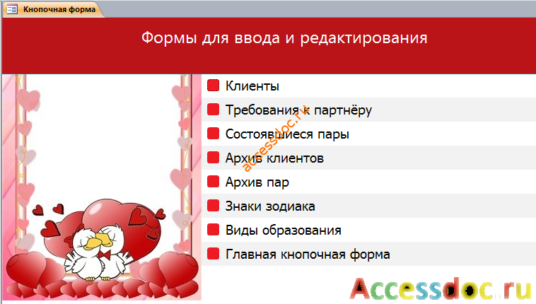 Вкладка «Формы для ввода и редактирования». Пример базы данных access. 