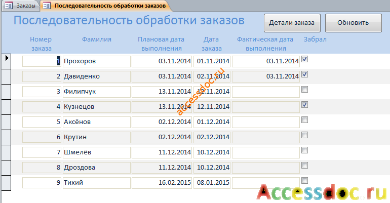 Скачать базу данных access Фотоателье. Форма «Последовательность обработки заказов»