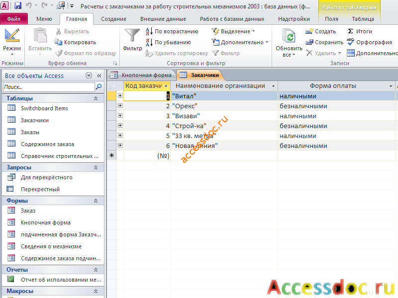 Таблица «Заказчики». Готовая база данных access.