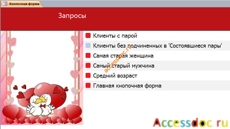 Вкладка «Запросы». Пример базы данных access. 