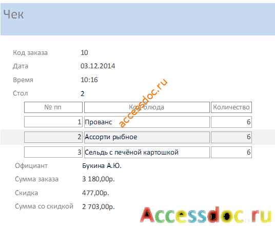 Скачать базу данных access Ресторан. Отчёт «Чек»