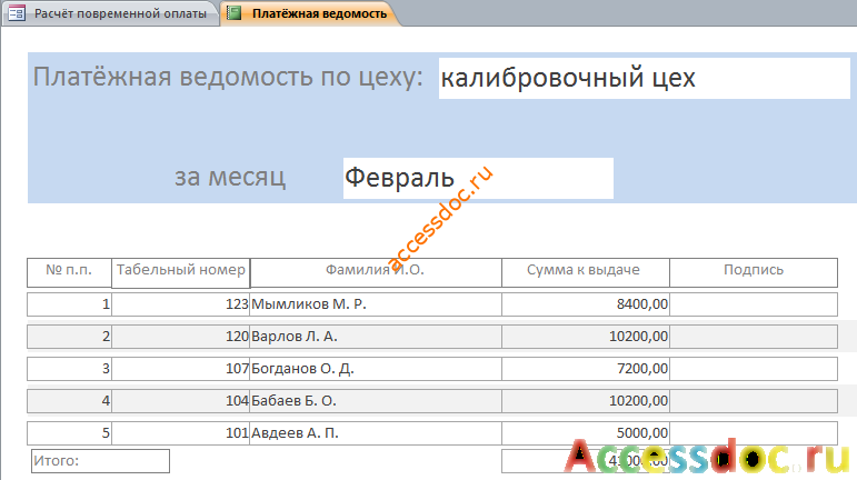 Платёжная ведомость по цеху.