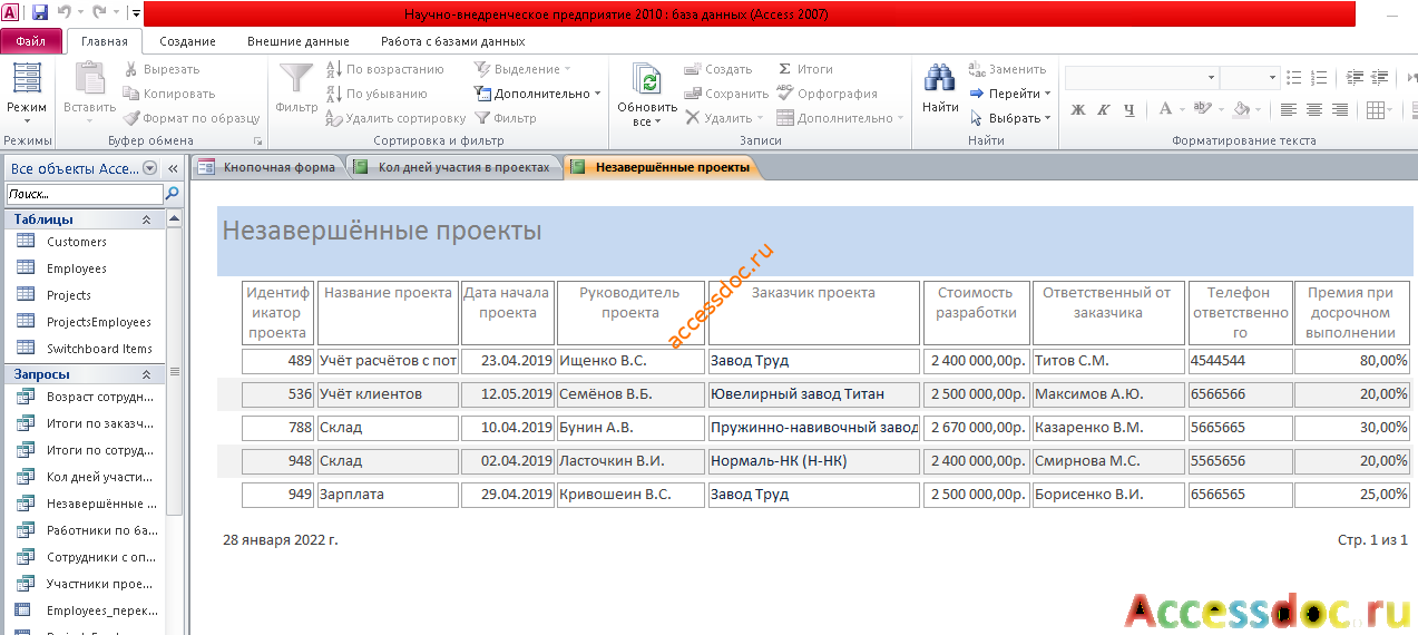 Пример базы данных access Научно-внедренческое предприятие.