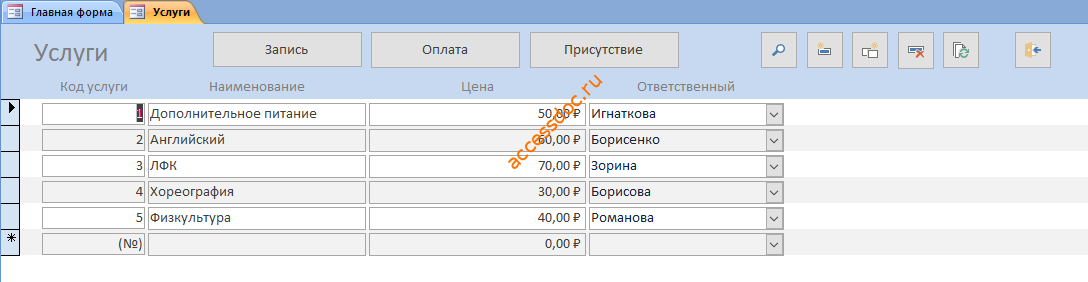 Пример базы данных access Платные услуги детского сада. Форма Услуги