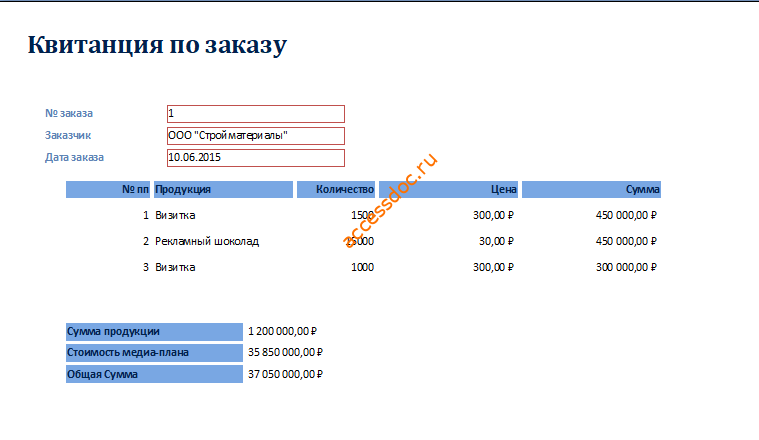 Квитанция по заказу в готовой базе данных для рекламного агентства