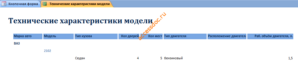 Скачать пример базы данных access «Автосалон». Отчёт «Технические характеристики модели».