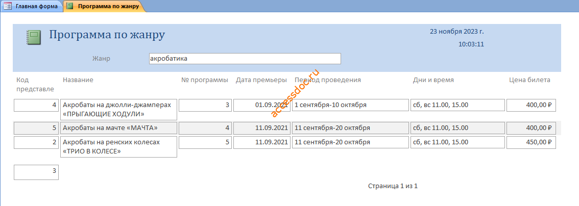 Скачать базу данных access Цирк. Отчёт Программа по жанру