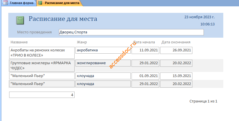 Скачать базу данных access Цирк. Отчёт Расписание для места