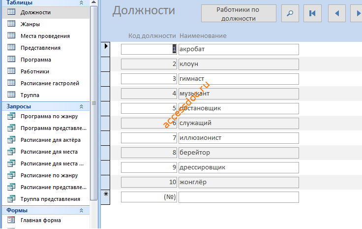 Скачать базу данных access Цирк. Форма Должности