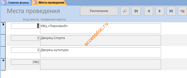 Скачать базу данных access Цирк. Форма Места проведения