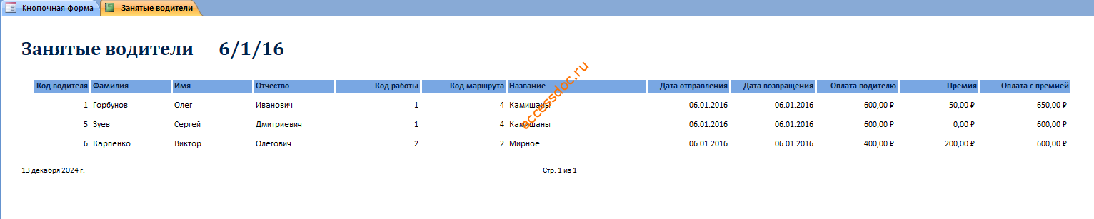Отчёт «Занятые водители» в базе данных "Грузовые перевозки".