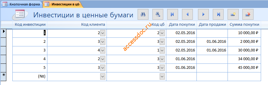 Форма «Инвестиции в ценные бумаги» бд access «Инвестирование свободных средств».