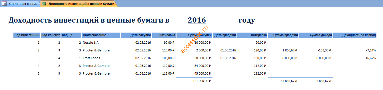 Отчёт «Доходность инвестиций в ценные бумаги в году». Скачать готовую базу данных «Инвестирование свободных средств».