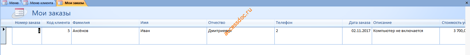 Меню клиента в случае удачного входа