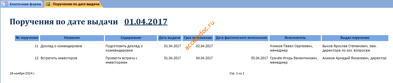 Отчёт «Поручения по дате выдачи».