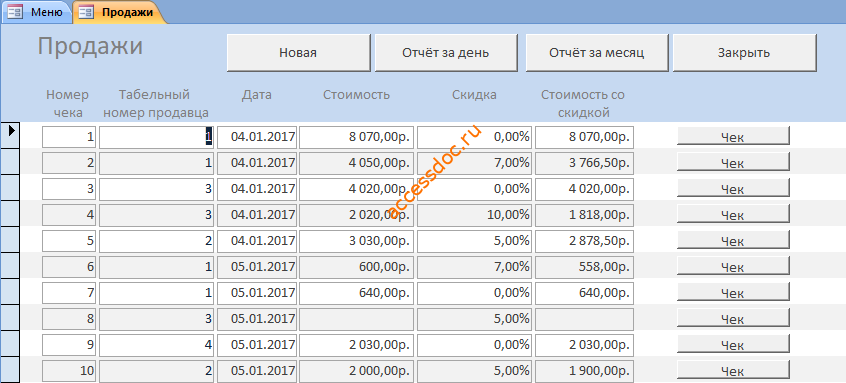Форма Продажи
