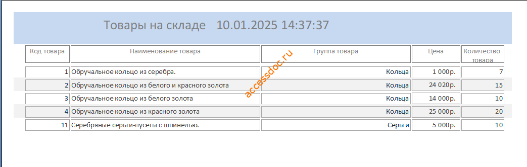 Готовая база данных Access «Магазин ювелирных изделий». Отчёт Товары на складе