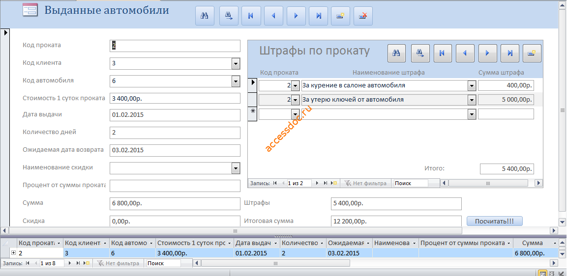 Скачать готовую базу данных access "Прокат автомобилей". Форма «Выданные автомобили».