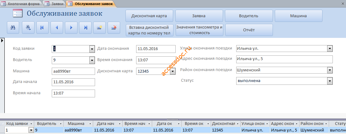 Пример готовой базы данных access «Такси». Информация по обслуживанию заказа такси.