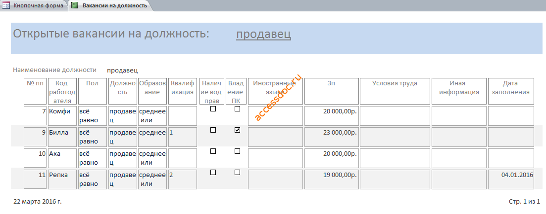 База данных для бюро занятости "Бюро по трудоустройству". Отчёт «Открытые вакансии на должность».