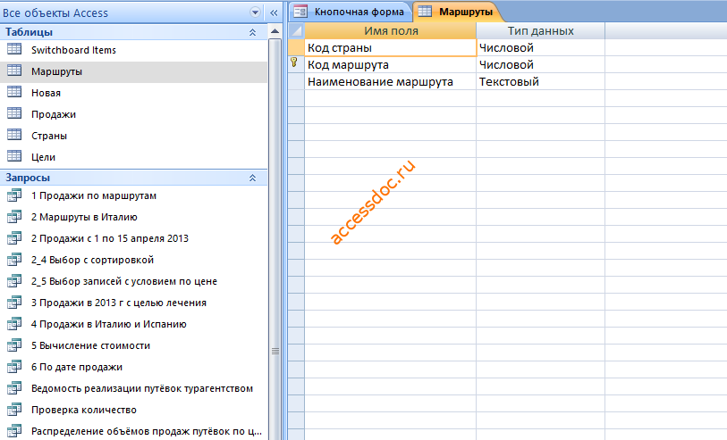 Рис.2 Готовая база данных "Турагентство". Таблица "Маршруты".