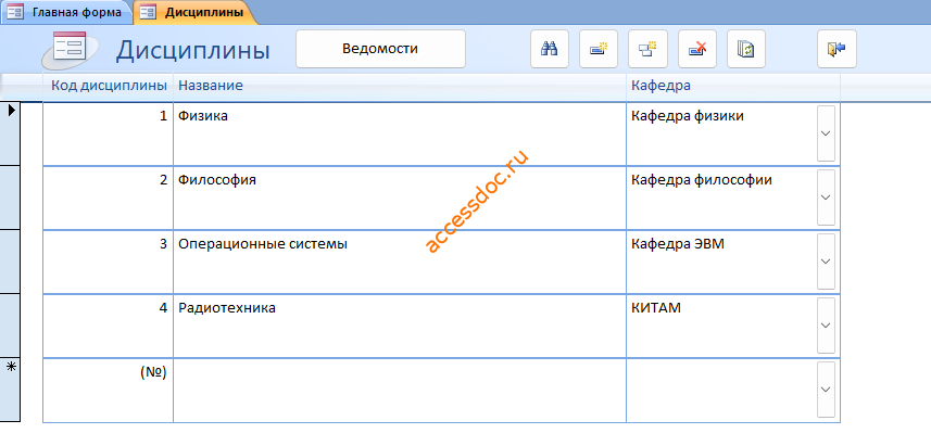 Скачать базу данных access Учёт успеваемости студентов ВУЗа (кафедры). Дисциплины