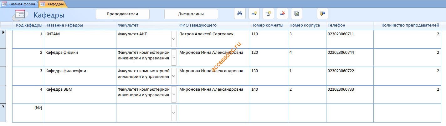 Скачать базу данных access Учёт успеваемости студентов ВУЗа (кафедры). Форма Кафедры