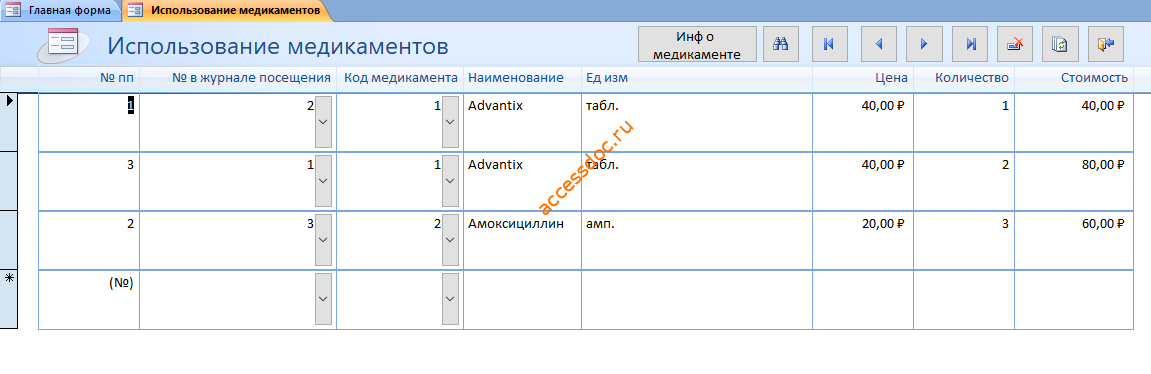 Скачать базу данных access Ветеринарная клиника. Форма использование медикаментов