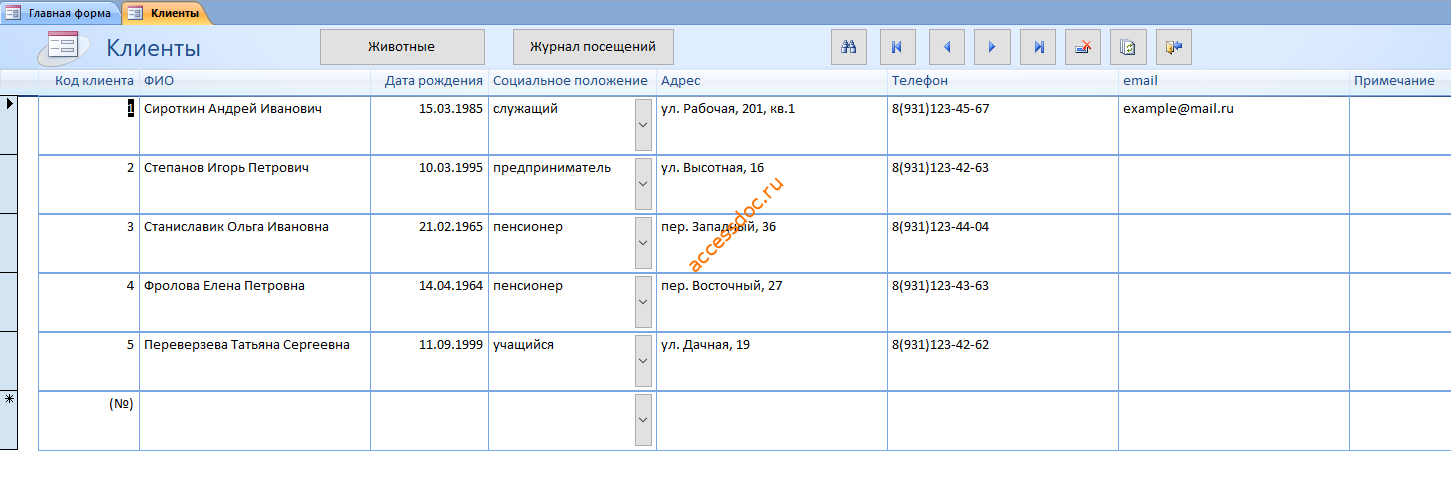 Форма Клиенты (Владельцы животных). Скачать базу данных access Ветеринарная клиника