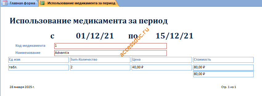 Скачать базу данных access Ветеринарная клиника. Использование медикамента за период