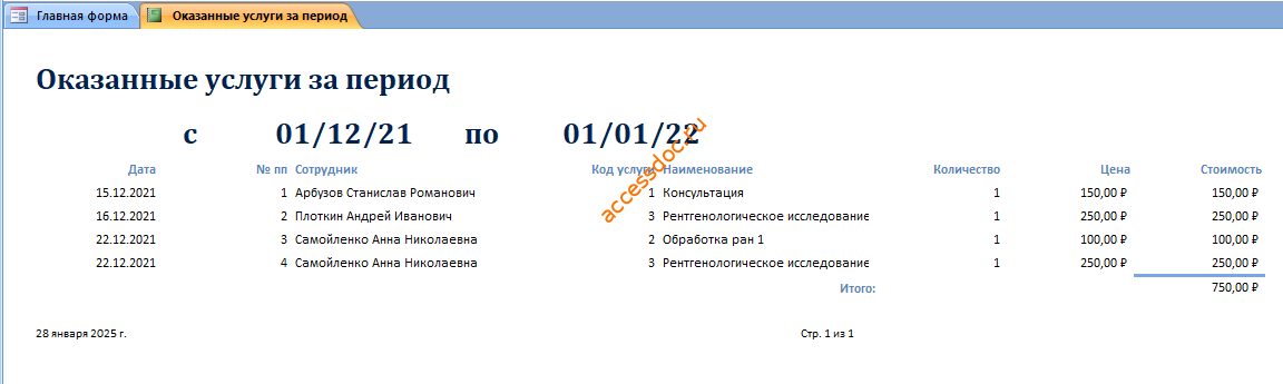 Скачать базу данных access Ветеринарная клиника. Оказанные услуги за период
