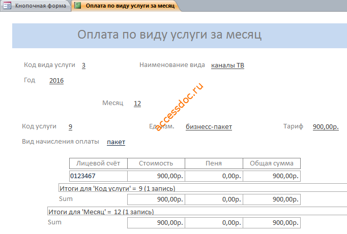 Готовая база данных ЖКХ (ЖЭС). Отчёт «Оплата по виду услуги за месяц».