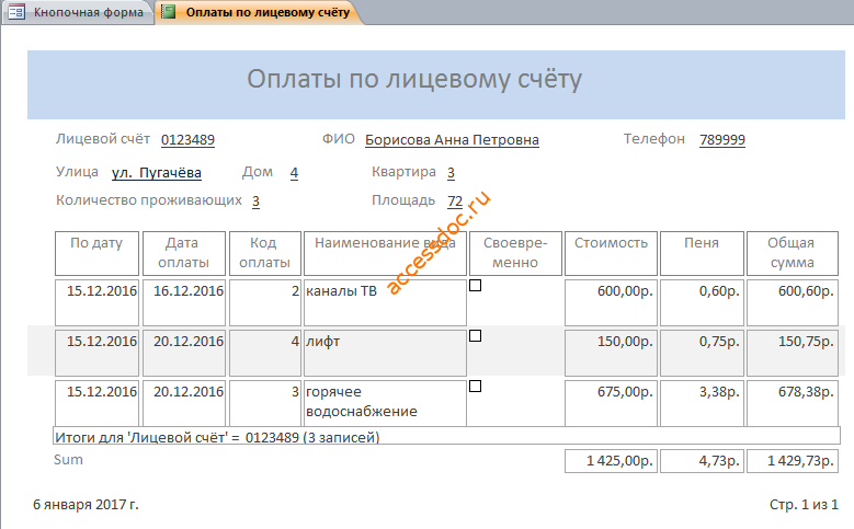 Готовая база данных ЖКХ (ЖЭС). Отчёт «Оплаты по лицевому счёту».